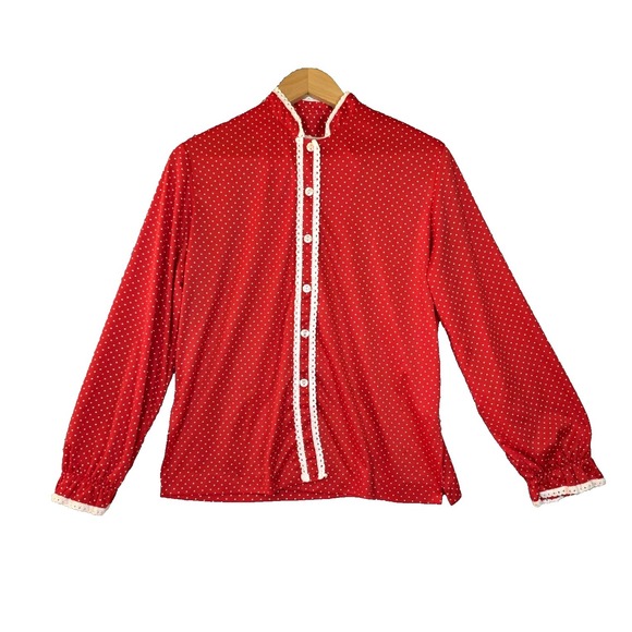 Rhapsody Tops - Vtg 70s‎ Rhapsody Glazier Chicago Red Polka Dot Blouse Lace Trim Ruffle Cuff M
